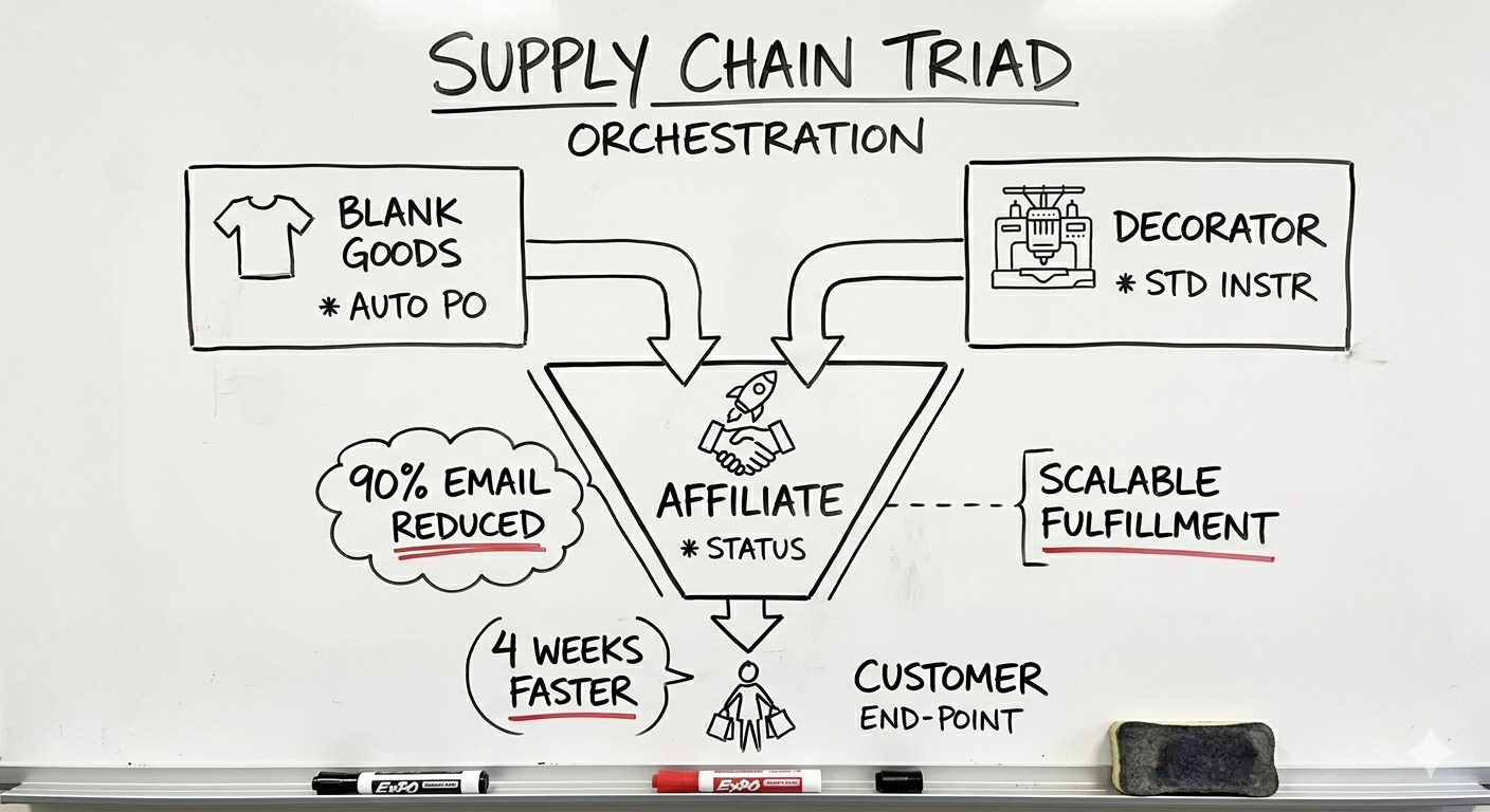 Supply Chain Triad Orchestration: how the Blank Goods vendor, Decorator, and Affiliate form an automated pipeline to the Customer End-Point, replacing a triangle of manual phone calls with a linear automated flow.
