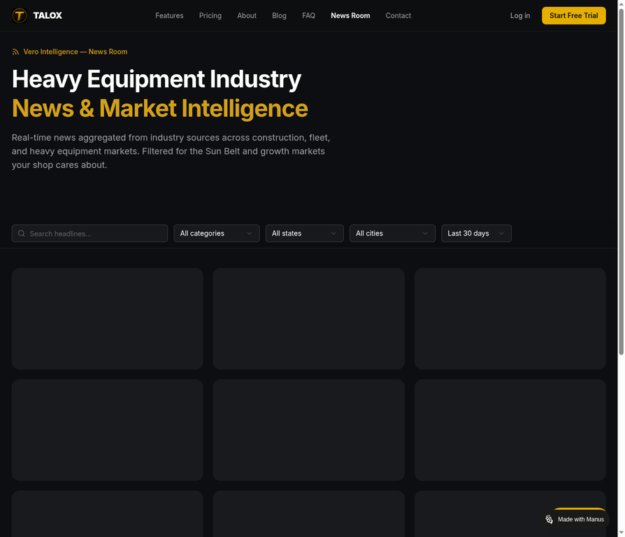 Vero Intelligence News Room: real-time industry news filtered for Sun Belt heavy equipment markets