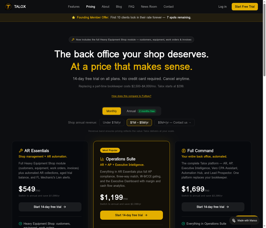 Pricing: transparent, revenue-scaled plans from AR Essentials to Full Command